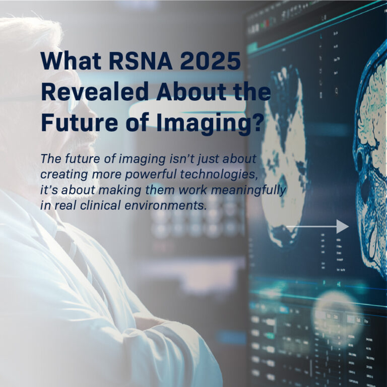 A radiologist in a white coat stands looking at a large, brightly lit monitor displaying a high-resolution MRI scan of a human brain with overlaid data and clinical information. The title "What RSNA 2025 Revealed About the Future of Imaging?" is overlaid on the image.