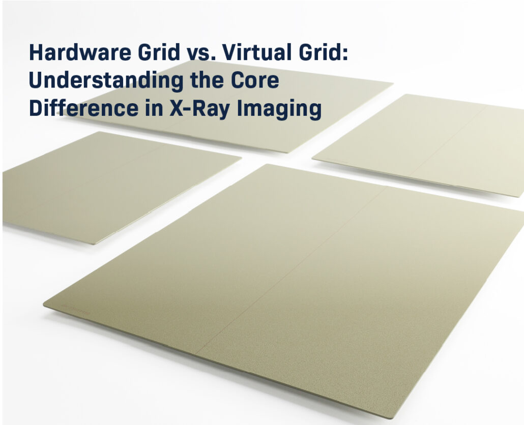 Four physical X-ray hardware grids of various sizes laid out on a white surface, illustrating the hardware grid vs. virtual grid comparison in digital radiography