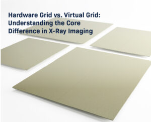 Four physical X-ray hardware grids of various sizes laid out on a white surface, illustrating the hardware grid vs. virtual grid comparison in digital radiography